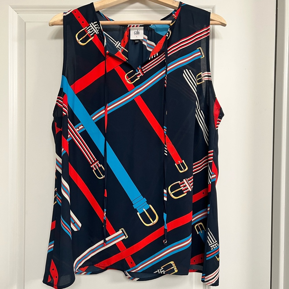 EUC CAbi #5736 Navy Blue Hold Up Buckle Print
Sleeveless Top